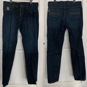 Cinch, dark wash denim jeans.